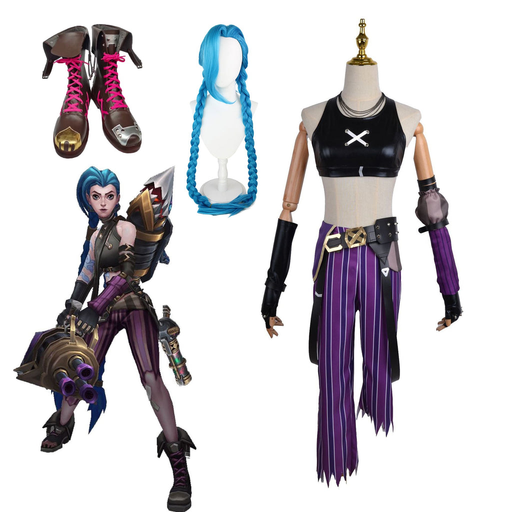 League of Legends Arcane Jinx Whole Set Cosplay Costume Suit and Wigs and Boots Set