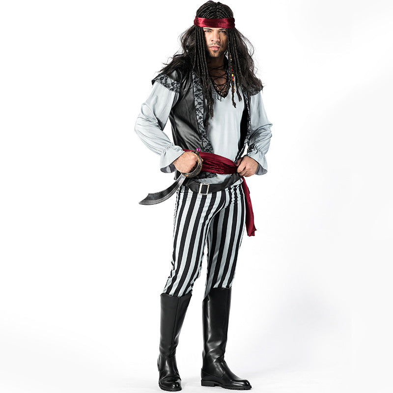Men's Black And White Striped Jack Captain Pirate Costume Halloween/Stage Performance/Party