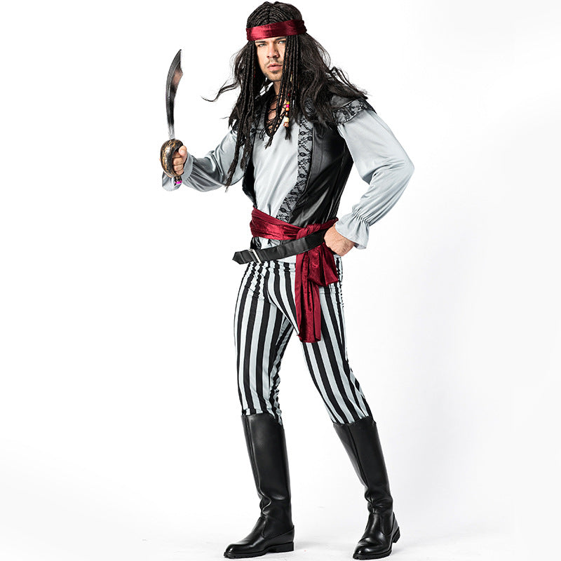 Men's Black And White Striped Jack Captain Pirate Costume Halloween/Stage Performance/Party