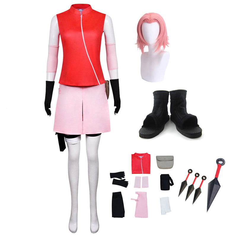 HarunoSakura Costume +Wigs+Shoes +Props Whole Halloween Cosplay Outfit Set