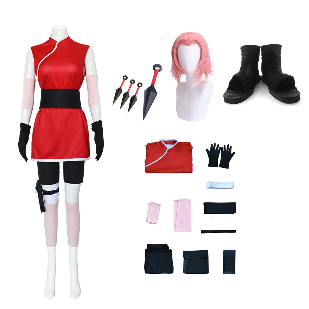 Anime The Last Haruno Sakura Whole Set Costume Uniform With Wigs+Shoes+Kunai+Headband Props Set