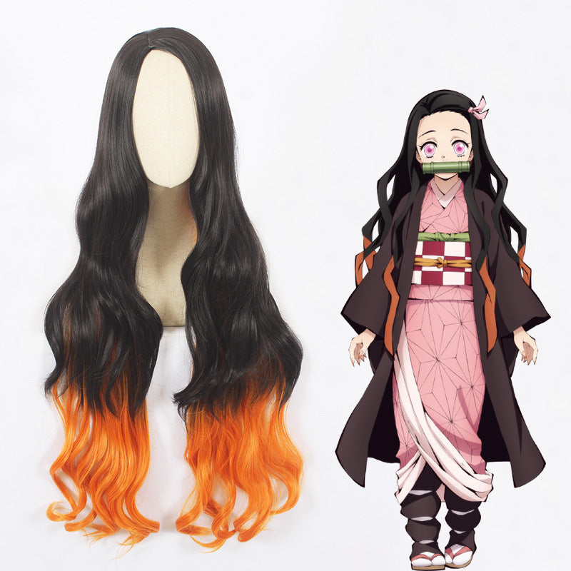 Anime Nezuko Kamado Cosplay Costume With Wigs and Horns Props Full Set Halloween Costume