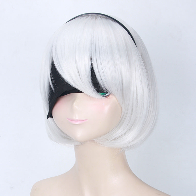 Nier: Automata YoRHa No.2 Type B 2B Cosplay Wigs Silver Wigs With Eye Mask and Headband