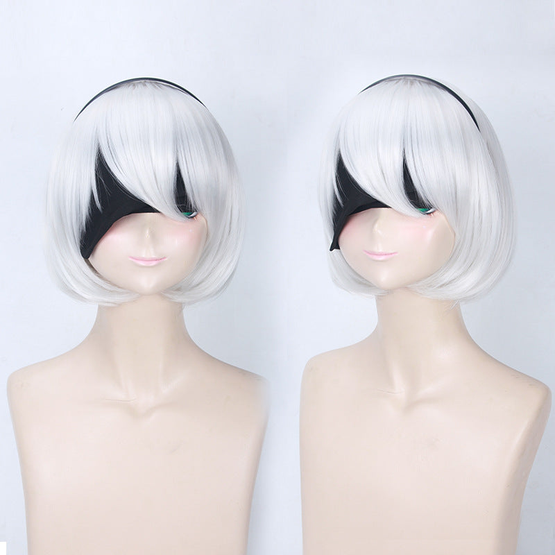 Nier: Automata YoRHa No.2 Type B 2B Cosplay Wigs Silver Wigs With Eye Mask and Headband