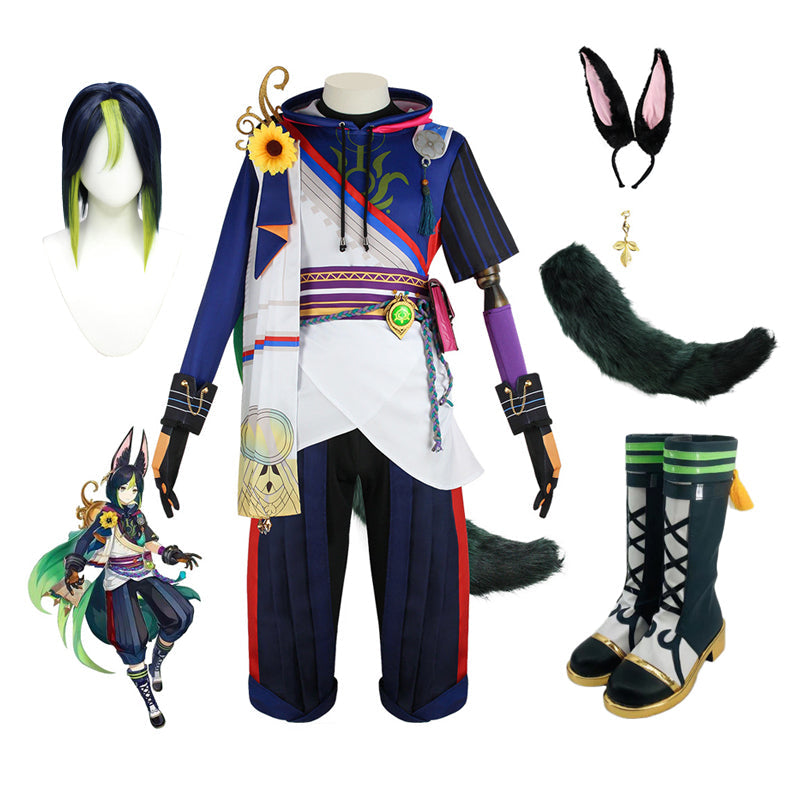 Genshin Impact Cosplay Tighnari Costume+Wigs+Shoes+Tail+Headwear Whole Set Halloween Costume