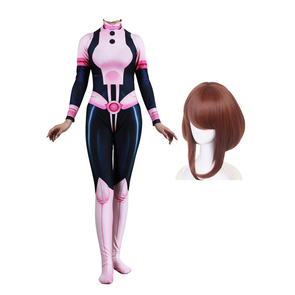 Ochaco Uraraka Hero Costume Zentai+Wigs Set Halloween Cosplay Costume