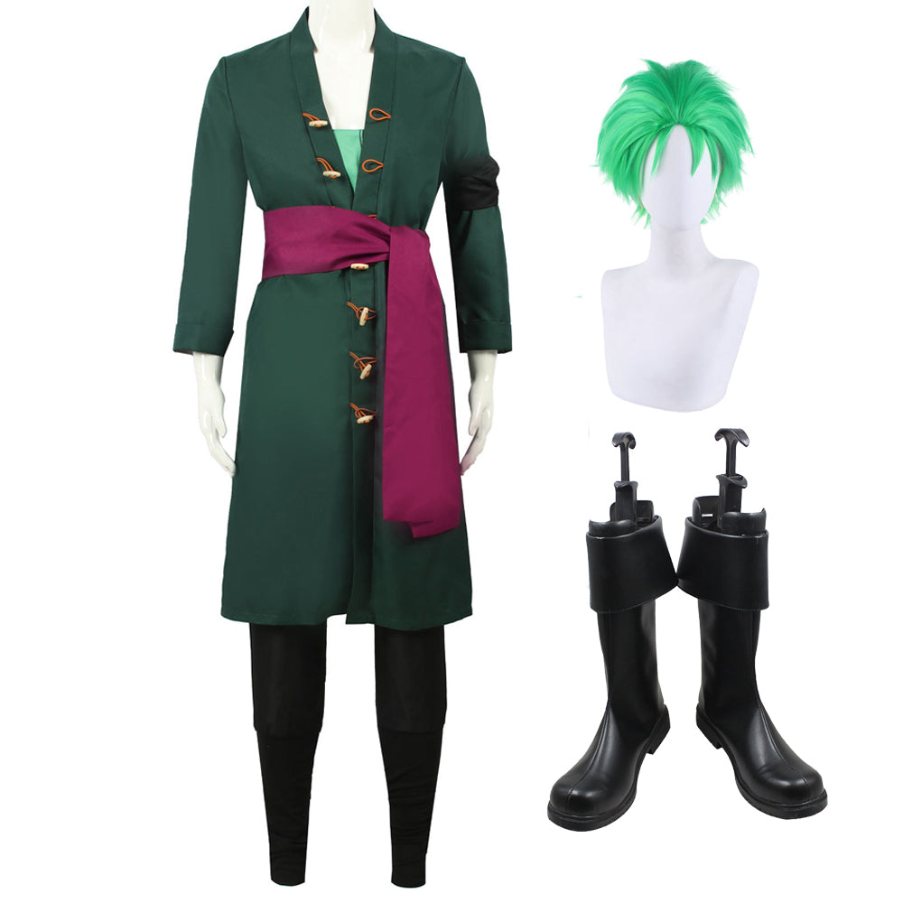 One Piece Roronoa Zoro Costume +Wigs+Boots Whole Set Halloween Cosplay Outfit