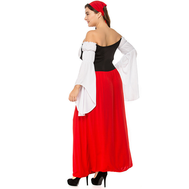 Plus Size Women Bavarian Beer Oktoberfest Long Red Pirate Dress Costume