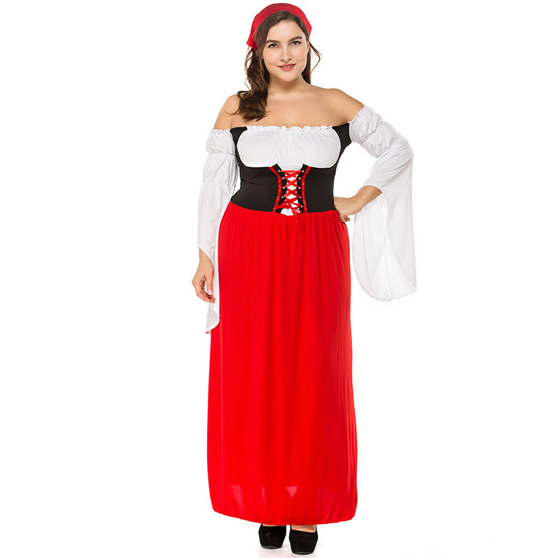 Plus Size Women Bavarian Beer Oktoberfest Long Red Pirate Dress Costume