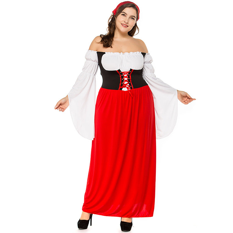 Plus Size Women Bavarian Beer Oktoberfest Long Red Pirate Dress Costume