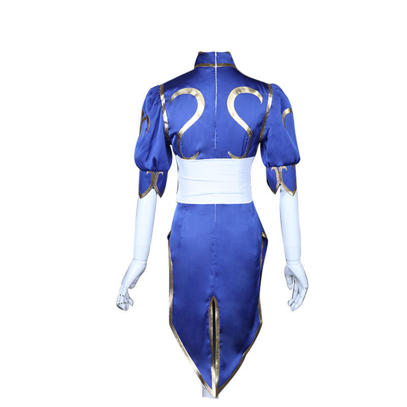 Street Fighter Chun Li Cosplay Costume Blue Cheongsam Costume With Wigs Full Set