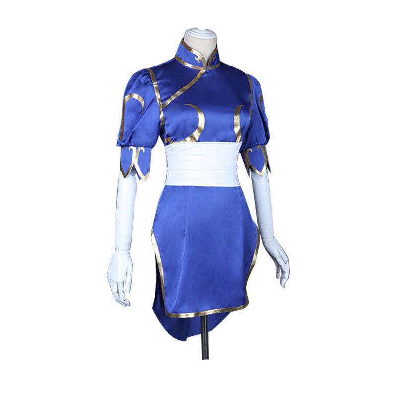 Street Fighter Chun Li Cosplay Costume Blue Cheongsam Costume With Wigs Full Set