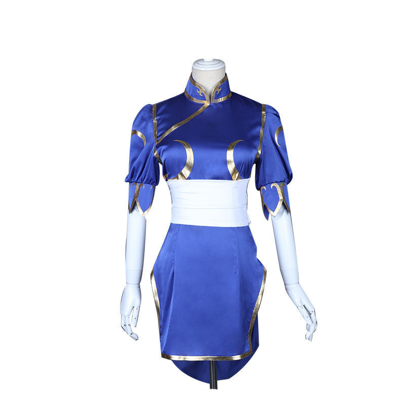 Street Fighter Chun Li Cosplay Costume Blue Cheongsam Costume With Wigs Full Set