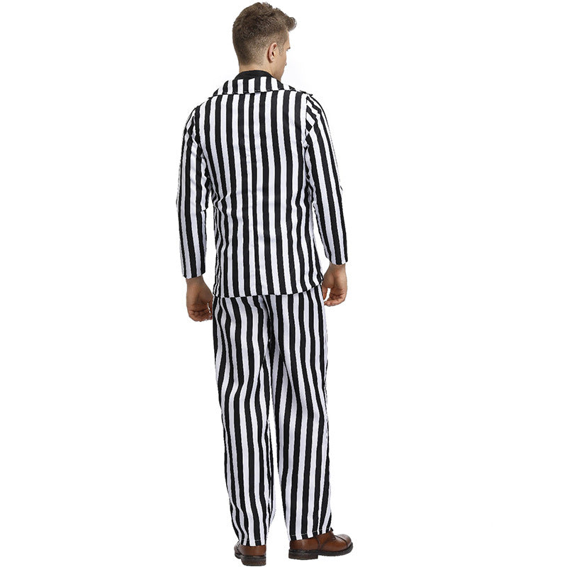 Unisex Black and White Strip Clown Suit Cosplay Costume