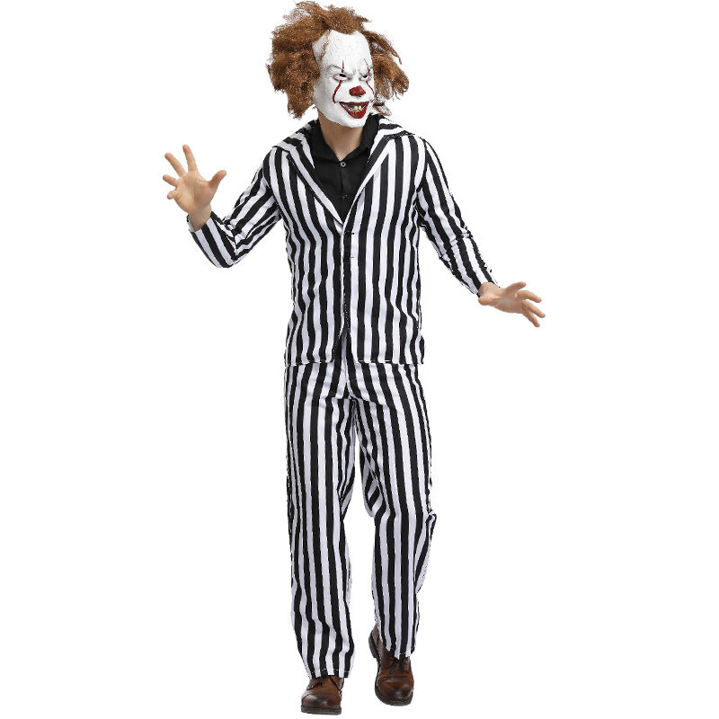 Unisex Black and White Strip Clown Suit Cosplay Costume