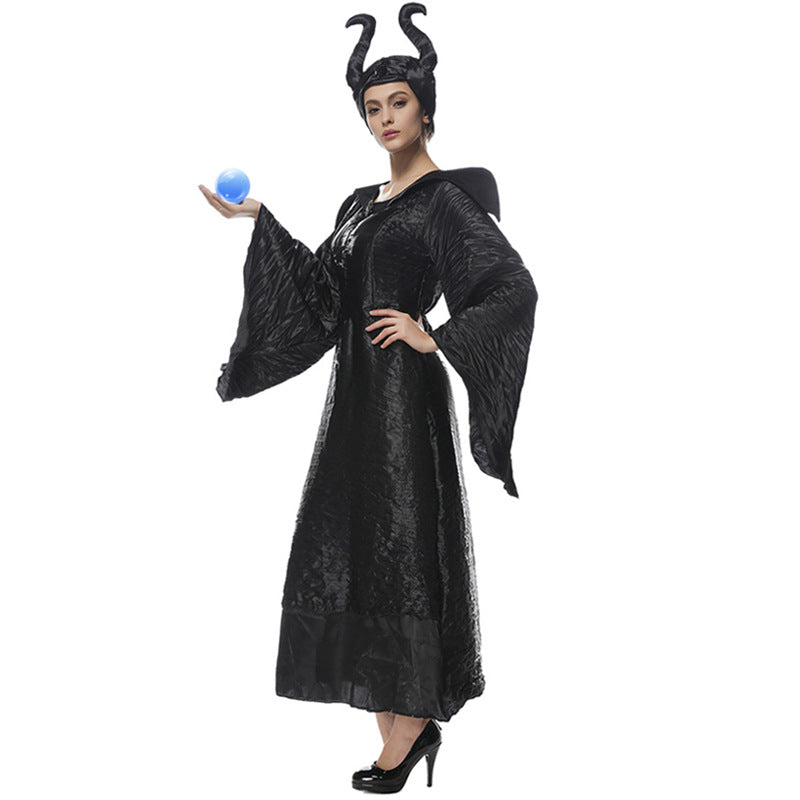 Women Deluxe Maleficent Vampire Black Gown Cosplay Costume Dress For Halloween Party Performance