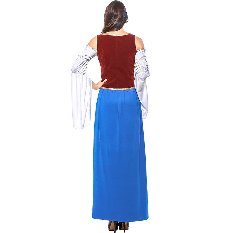 Women Bavarian Beer Festival Oktoberfest Blue Long Costume Bar Waitress Costume