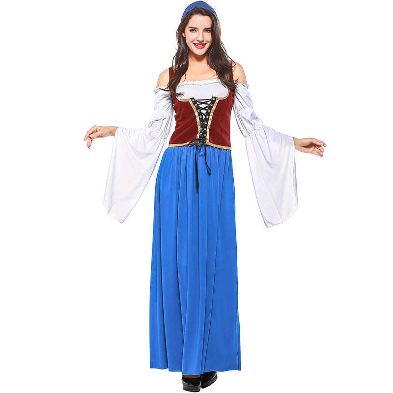 Women Bavarian Beer Festival Oktoberfest Blue Long Costume Bar Waitress Costume