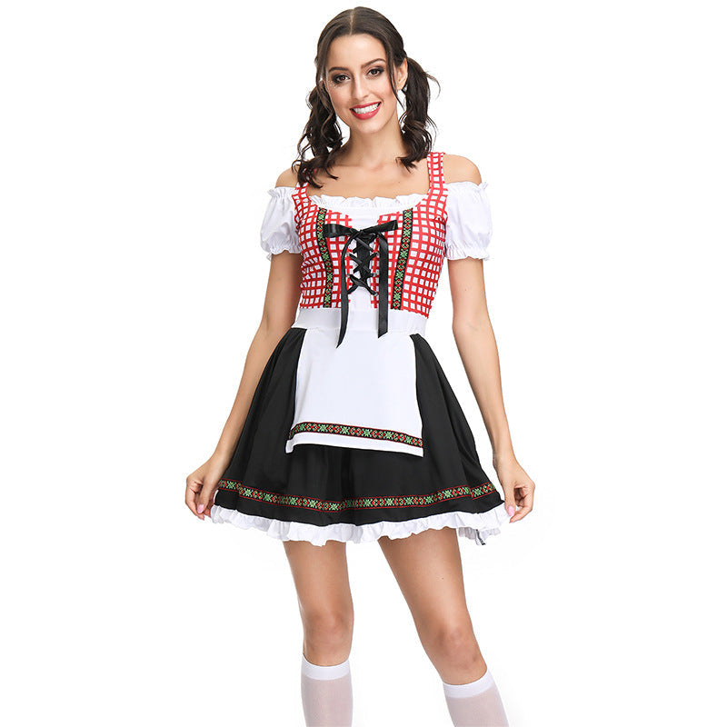 Women Bavarian Beer Festival Oktoberfest Red Plaid Party Costume Waitress Maid Costume