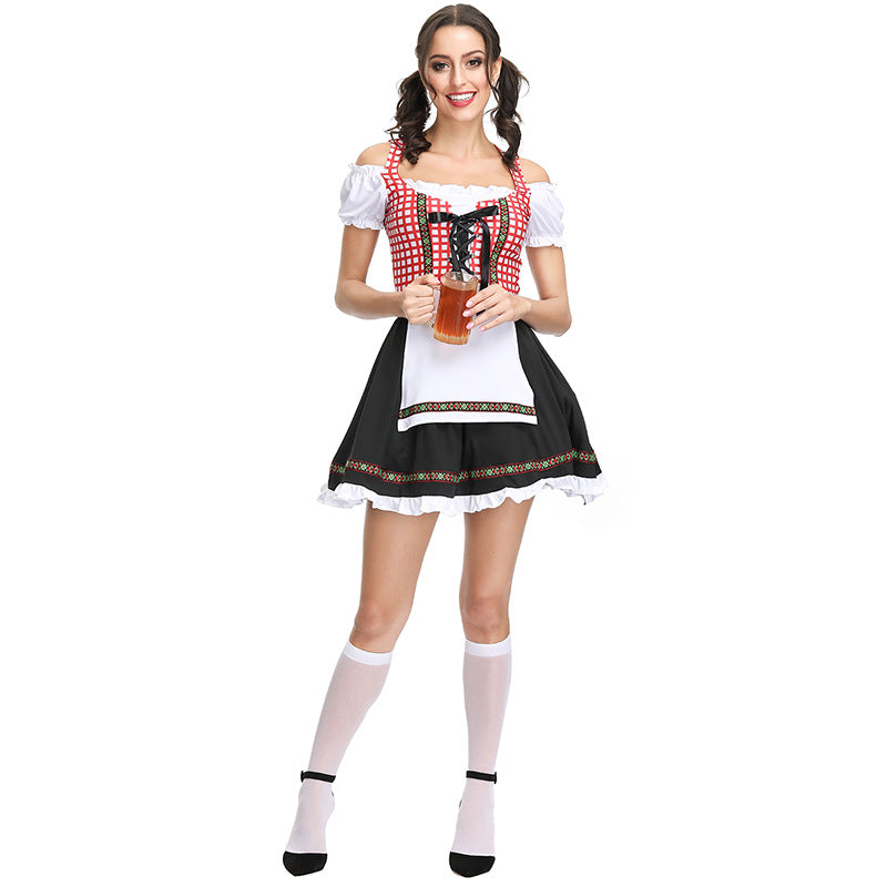 Women Bavarian Beer Festival Oktoberfest Red Plaid Party Costume Waitress Maid Costume