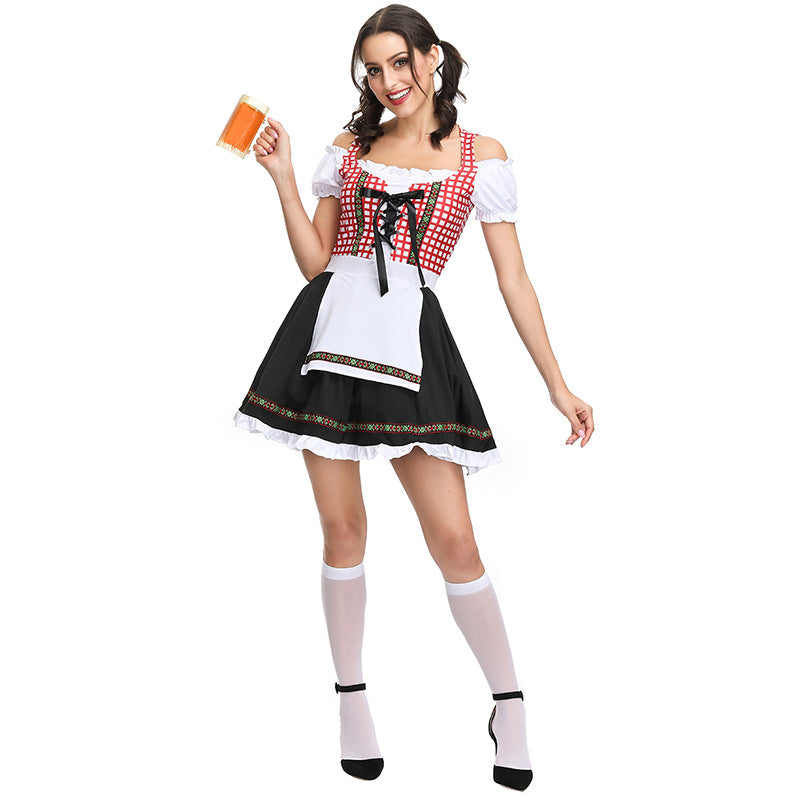 Women Bavarian Beer Festival Oktoberfest Red Plaid Party Costume Waitress Maid Costume