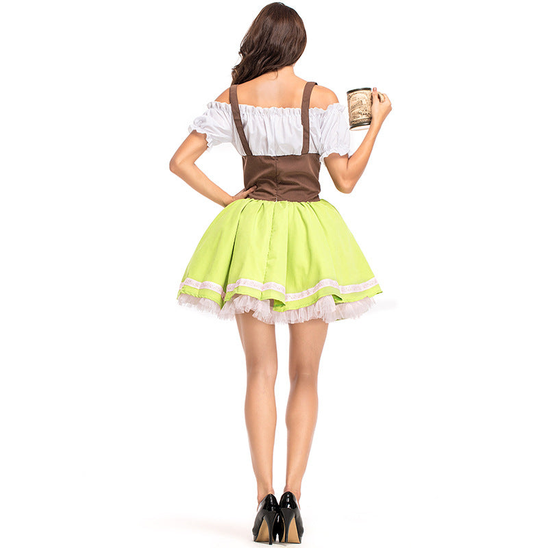 Women Bavarian Beer Oktoberfest Waitress Costume Green Traditional Party Dress