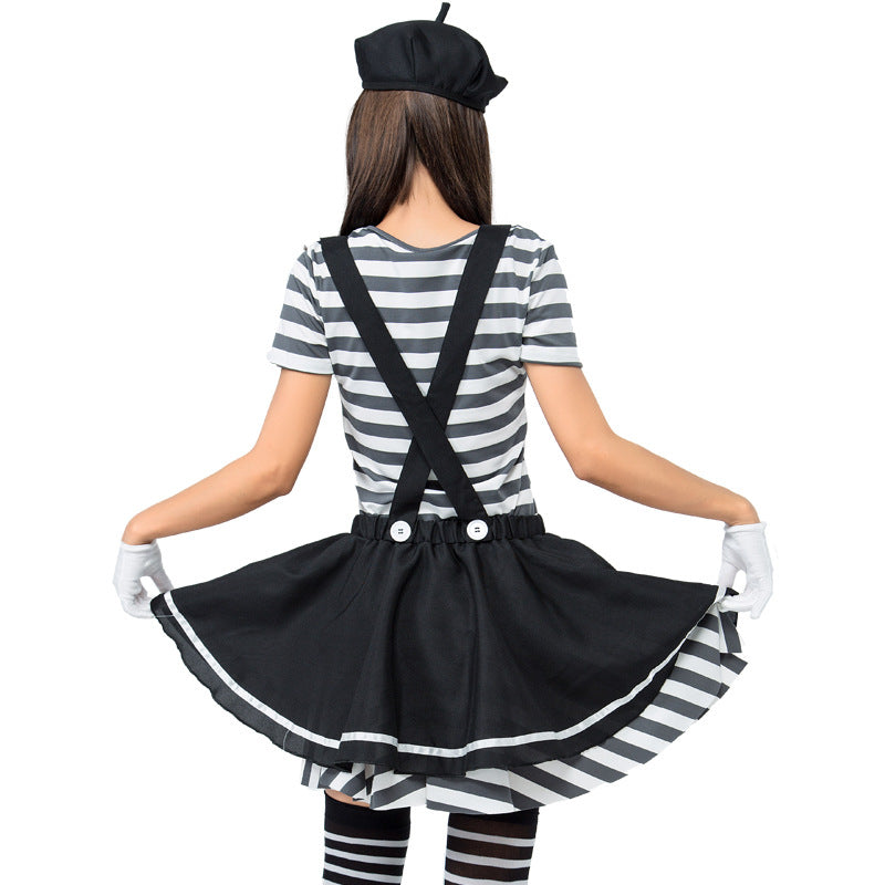 Women Stripe Clown Costume Dress For Halloween Party Performance