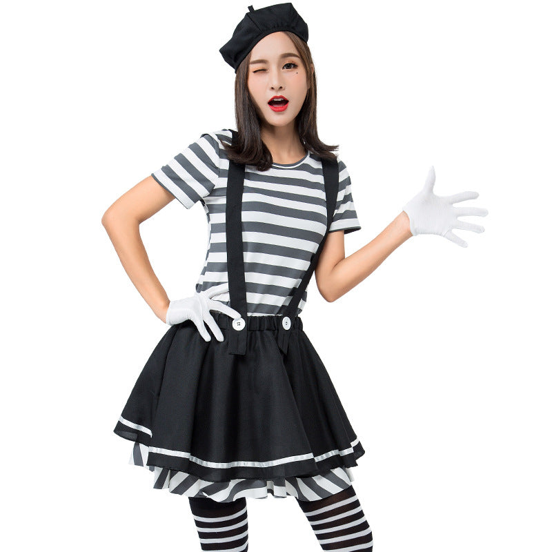 Women Stripe Clown Costume Dress For Halloween Party Performance