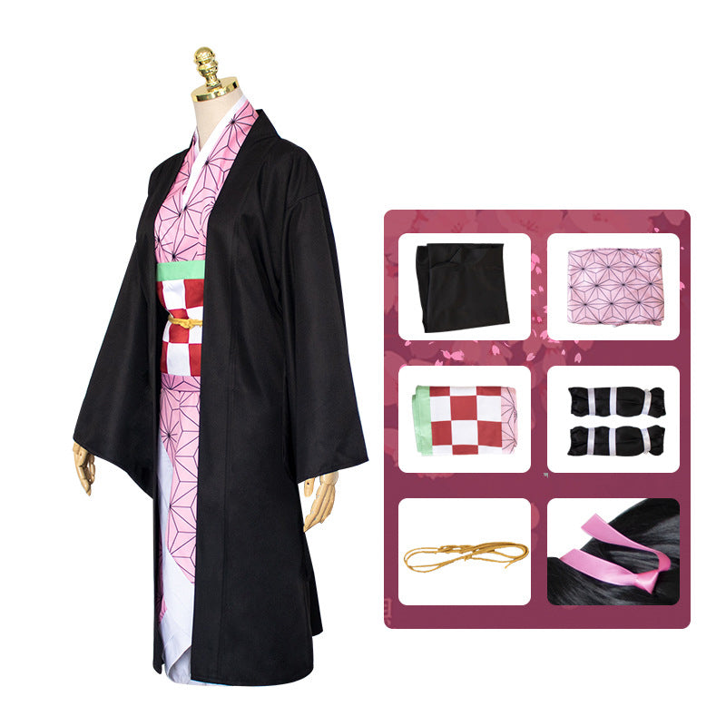 Anime Nezuko Kamado Cosplay Costume With Wigs and Horns Props Full Set Halloween Costume