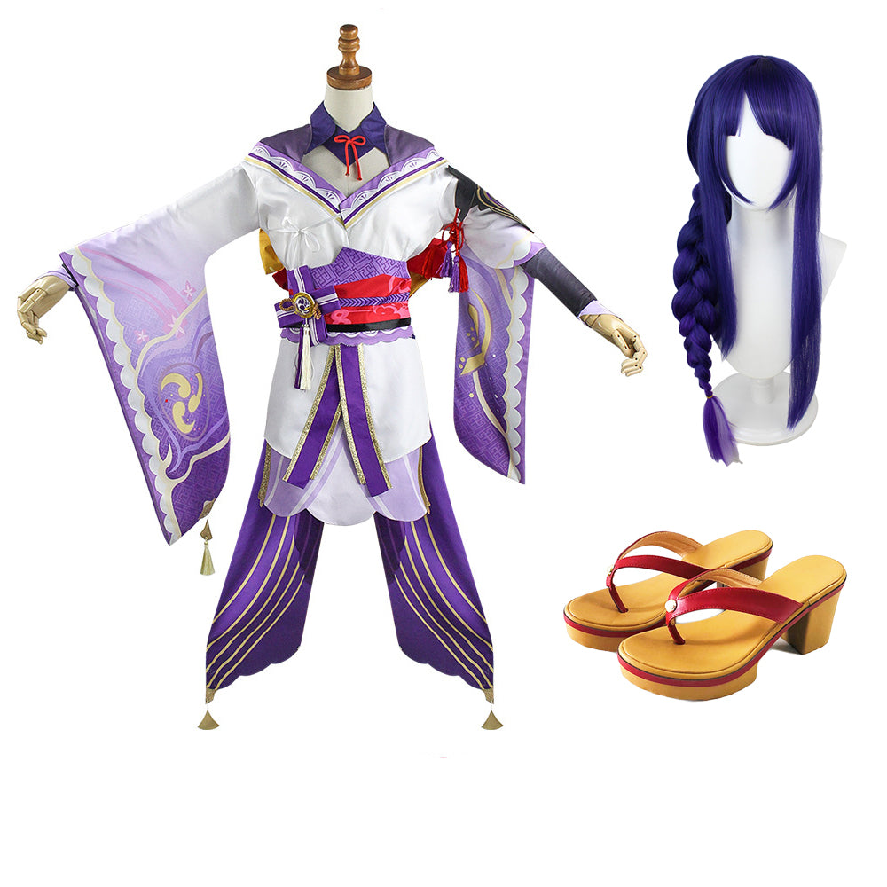 Genshin Impact Raiden Shogun Whole Set Costume + Wigs +Shoes Halloween Cosplay Suit Set