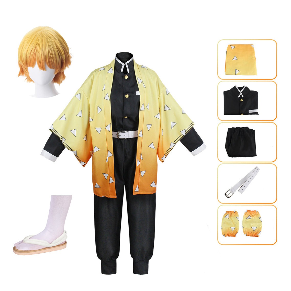 Anime  Zenitsu Agatsuma Costume+Wigs+Shoes Full Set Halloween Cosplay Outfit