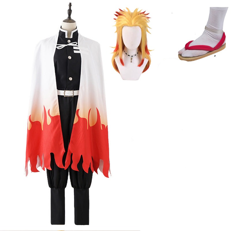 Anime Kyojuro Rengoku Whole Set Costume Uniform With Wigs and Shoes Halloween Carnival Costume