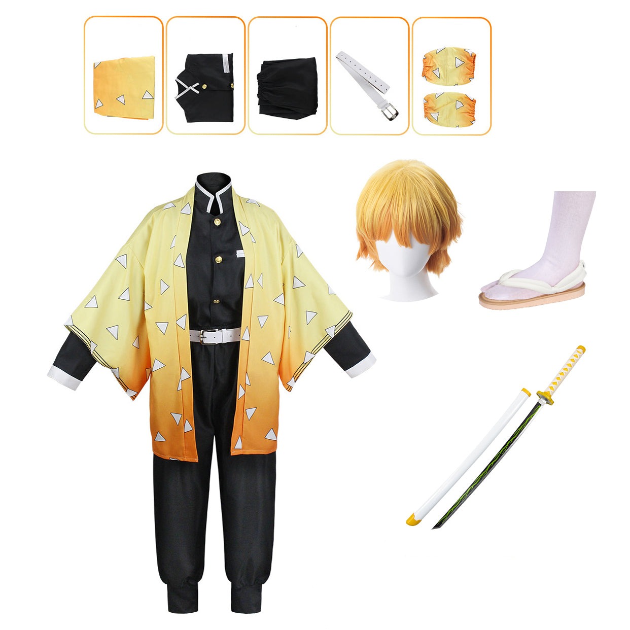 Anime Zenitsu Agatsuma Whole Set Costume+Wigs+Shoes+Weapon Sword Props Halloween Costume Set