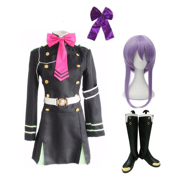 Anime Seraph of the End Shinoa Hiragi Whole Set Costume+Wigs+Boots Halloween Carnival Costume