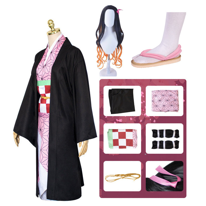 Anime Nezuko Kamado Cosplay Kimono With Wigs and Shoes Full Set Halloween Costume